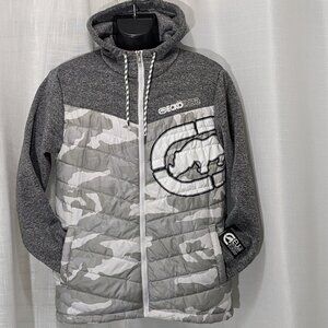 Ecko Unltd Men's Camo Quilted Zip-Up Hooded Jacket Size Small Gray